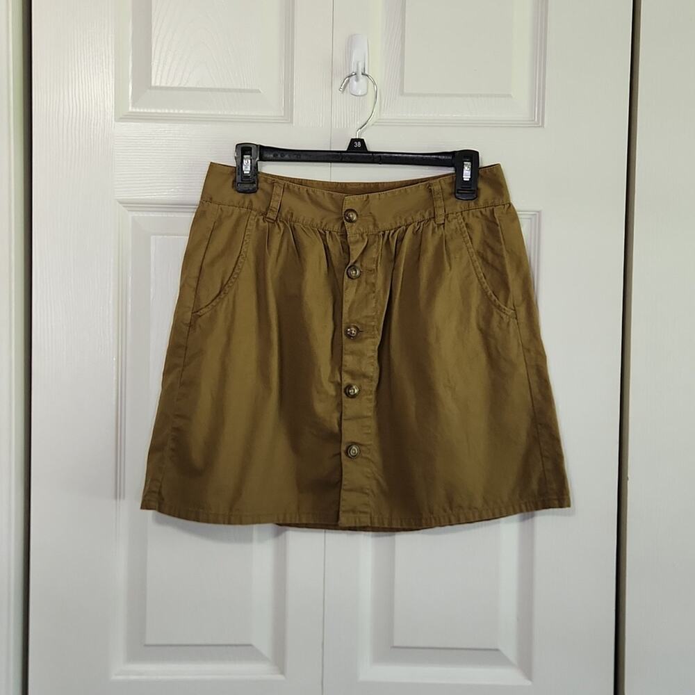 Old Navy Brownish Green Button Front Mini Skirt Size 4‎ Pleated Pockets Cotton